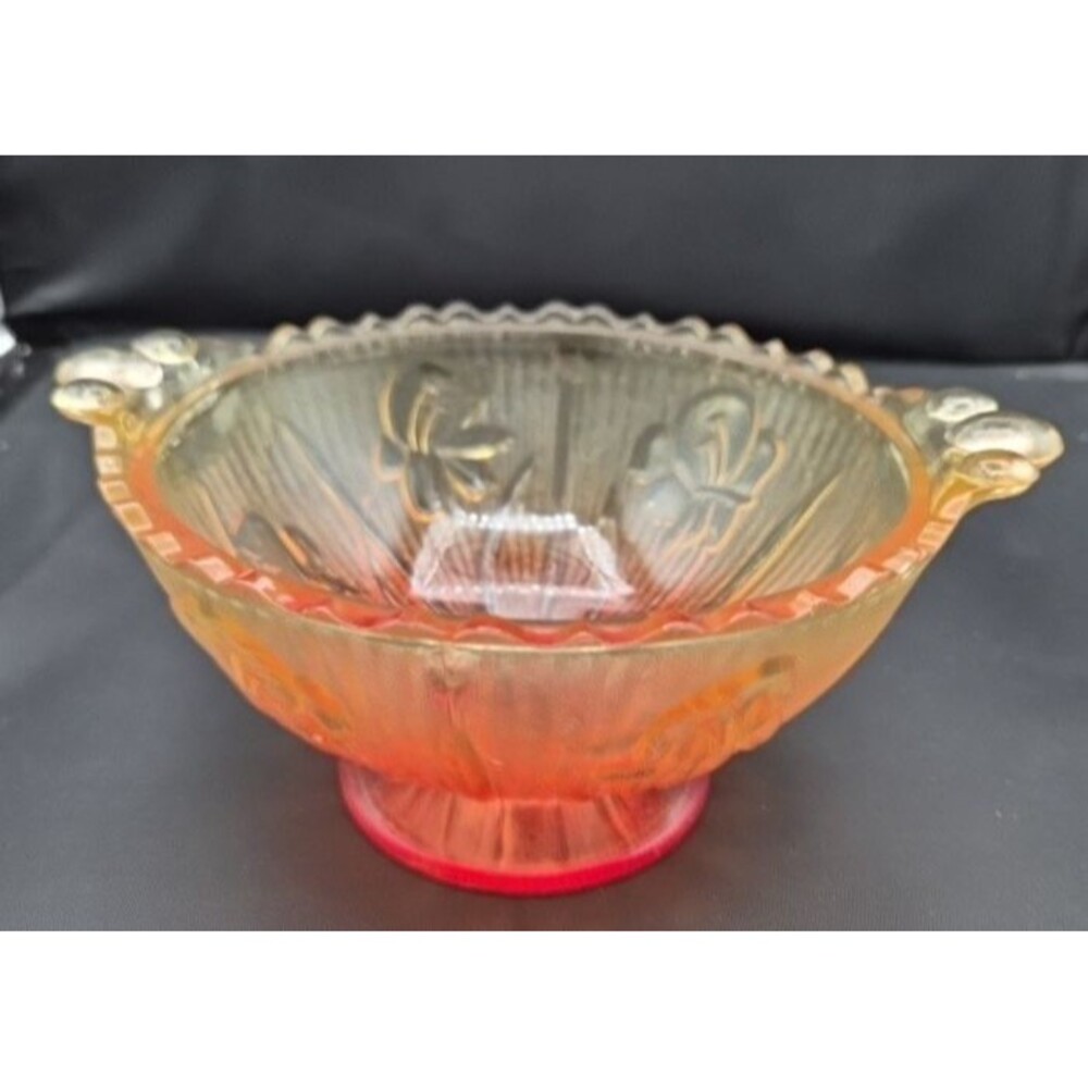 Vintage Jeannette Iris and Herringbone Amberina Handled Glass Candy Dish Bowl